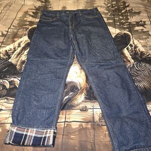 Relaxed Fit Denim Jeans with Plaid Cuff